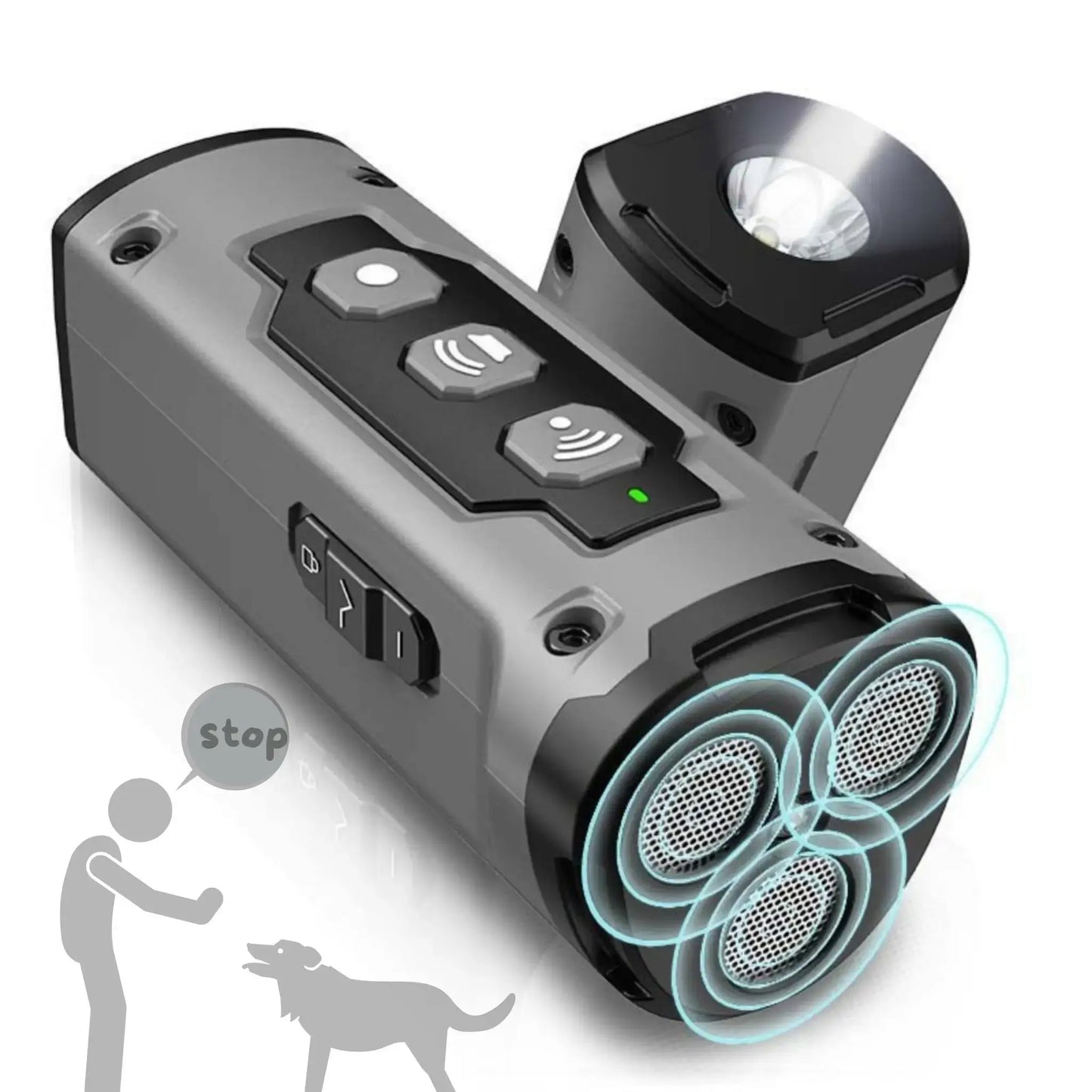 Un dispositif anti-aboiement SilenceRex pour chien de couleur grise.