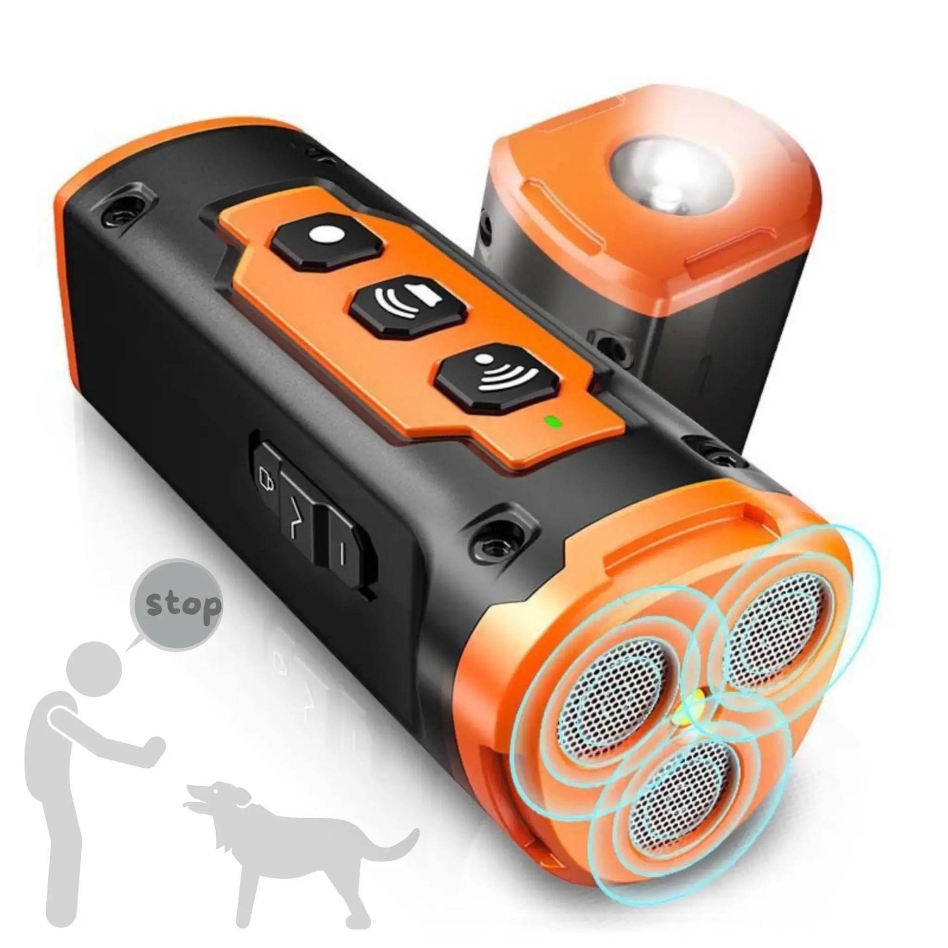 Un dispositif anti-aboiement pour chien SilenceRex de couleur orange et noir.