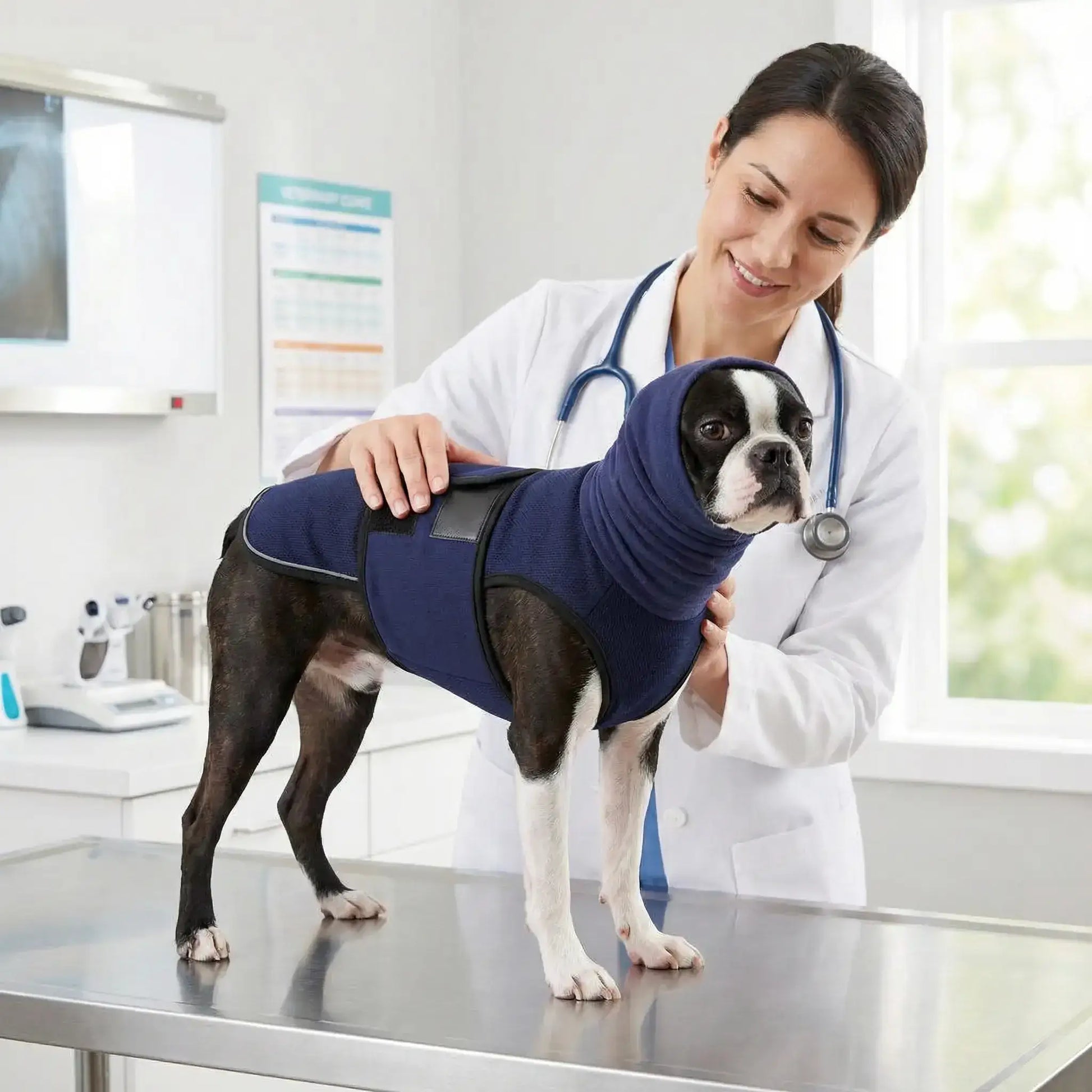 Un vétérinaire fait un examen sur un Boston terrier anxieux qui porte son gilet anti-stress pour chien bleu.