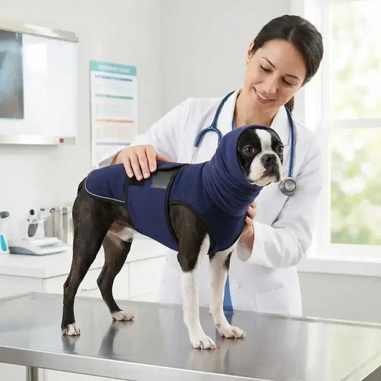 Un vétérinaire fait un examen sur un Boston terrier anxieux qui porte son gilet anti-stress pour chien bleu.