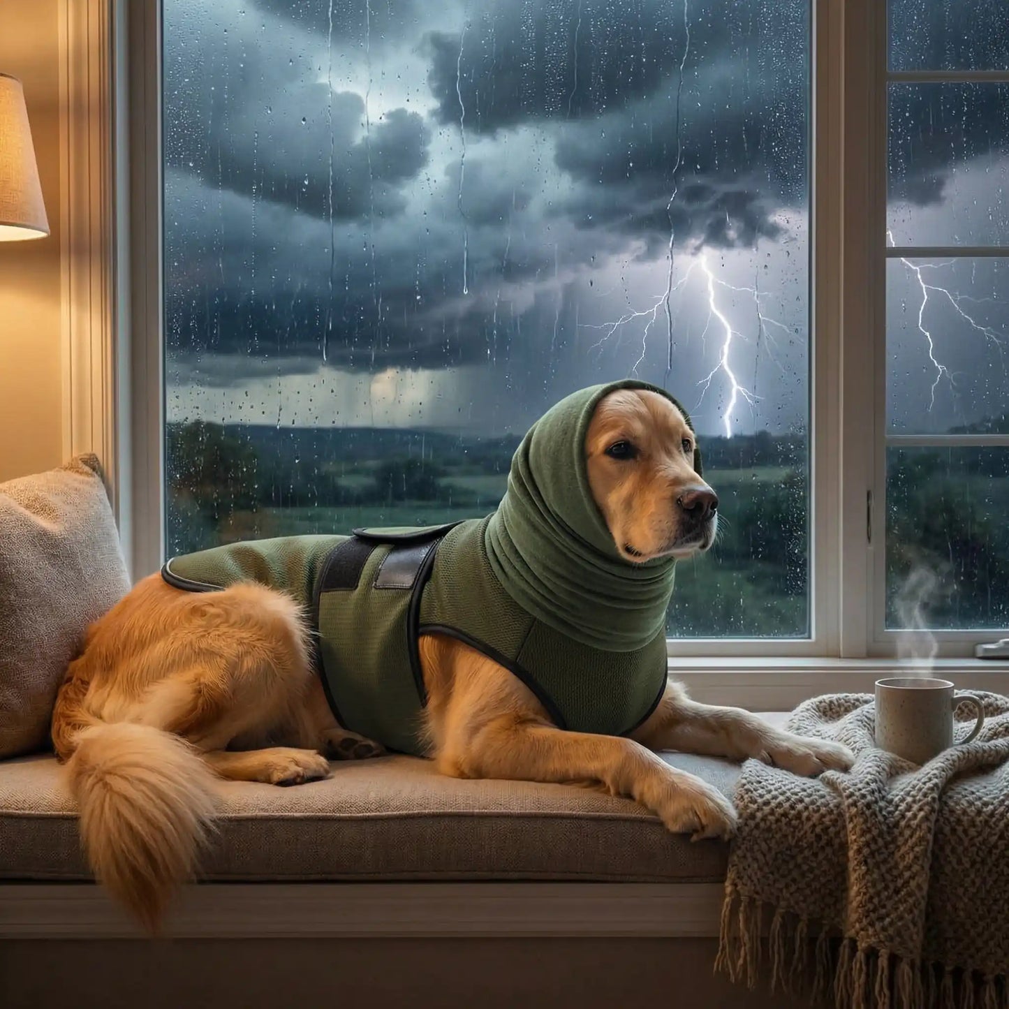 Un golden retriever allongé sur le bord d'une fenêtre avec un orange à l'extérieur avec son gilet anti-stress pour chien vert