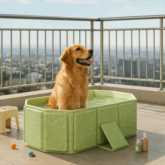Un golden retriever dans une baignoire pour chien verte sur un balcon en ville.