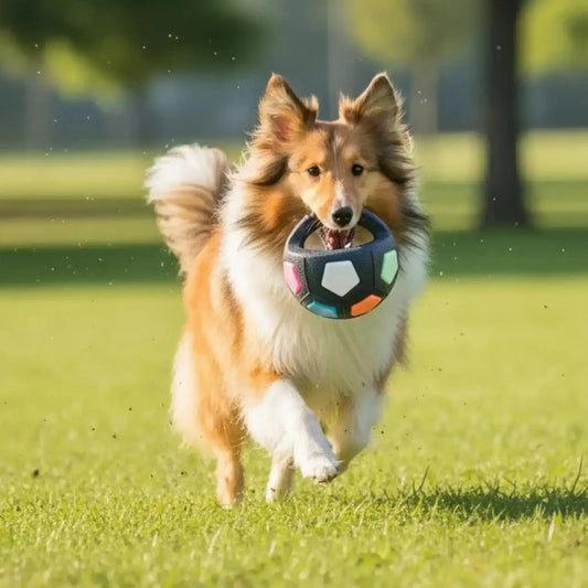 Un colley courant sur la pelouse avec sa balle pour chien indestructible noir.