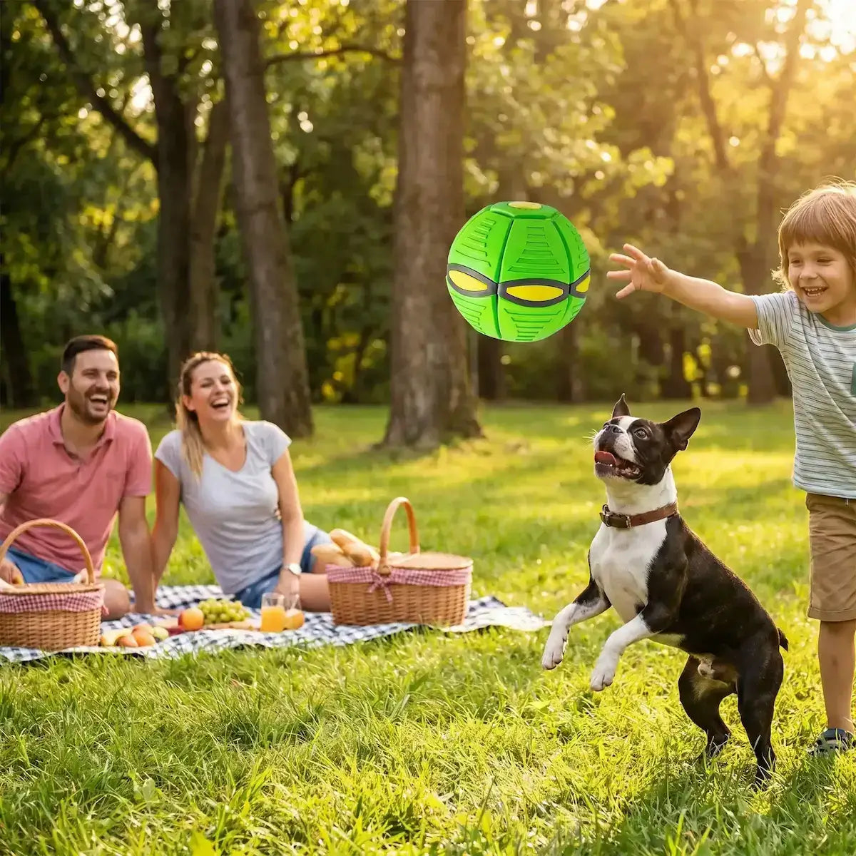 Une famille en pique-nique avec le garçon qui joue avec un Boston terrier et sa balle pour chien indestructible verte.