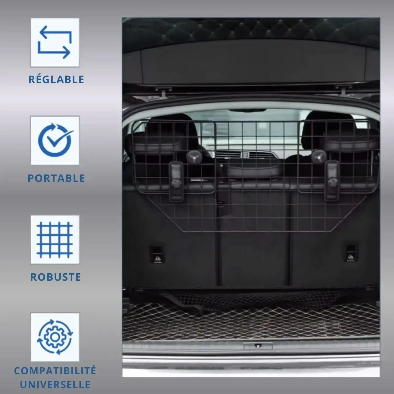 Les caractéristiques de la barrière pour chien pour voiture : réglable, portable, robuste et compatibilité universelle.