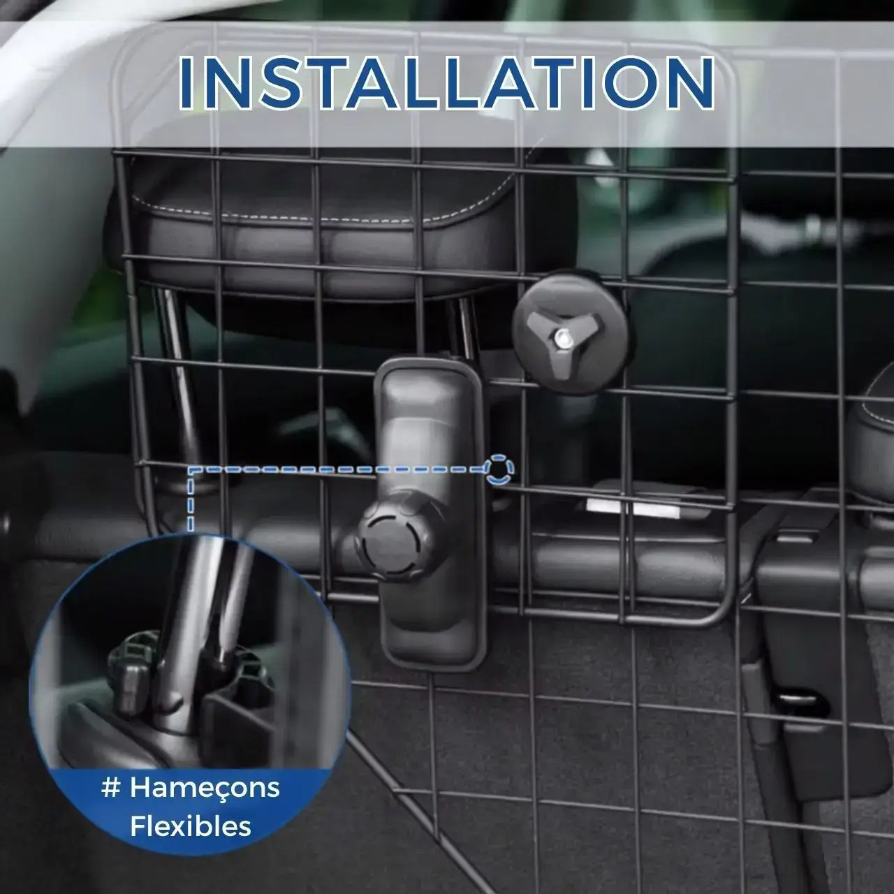 Visuel des fixations de la barrière pour chien pour voiture.