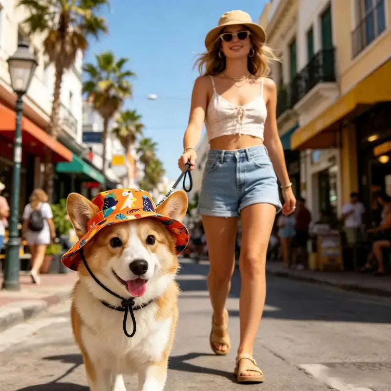 Une femme marche avec son corgi en laisse dans la ville.