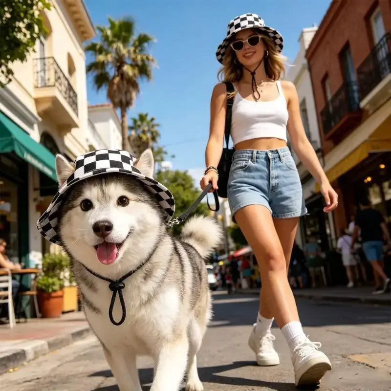 Une femme en ville marche avec son husky qui porte un bob de couleur noir damier.