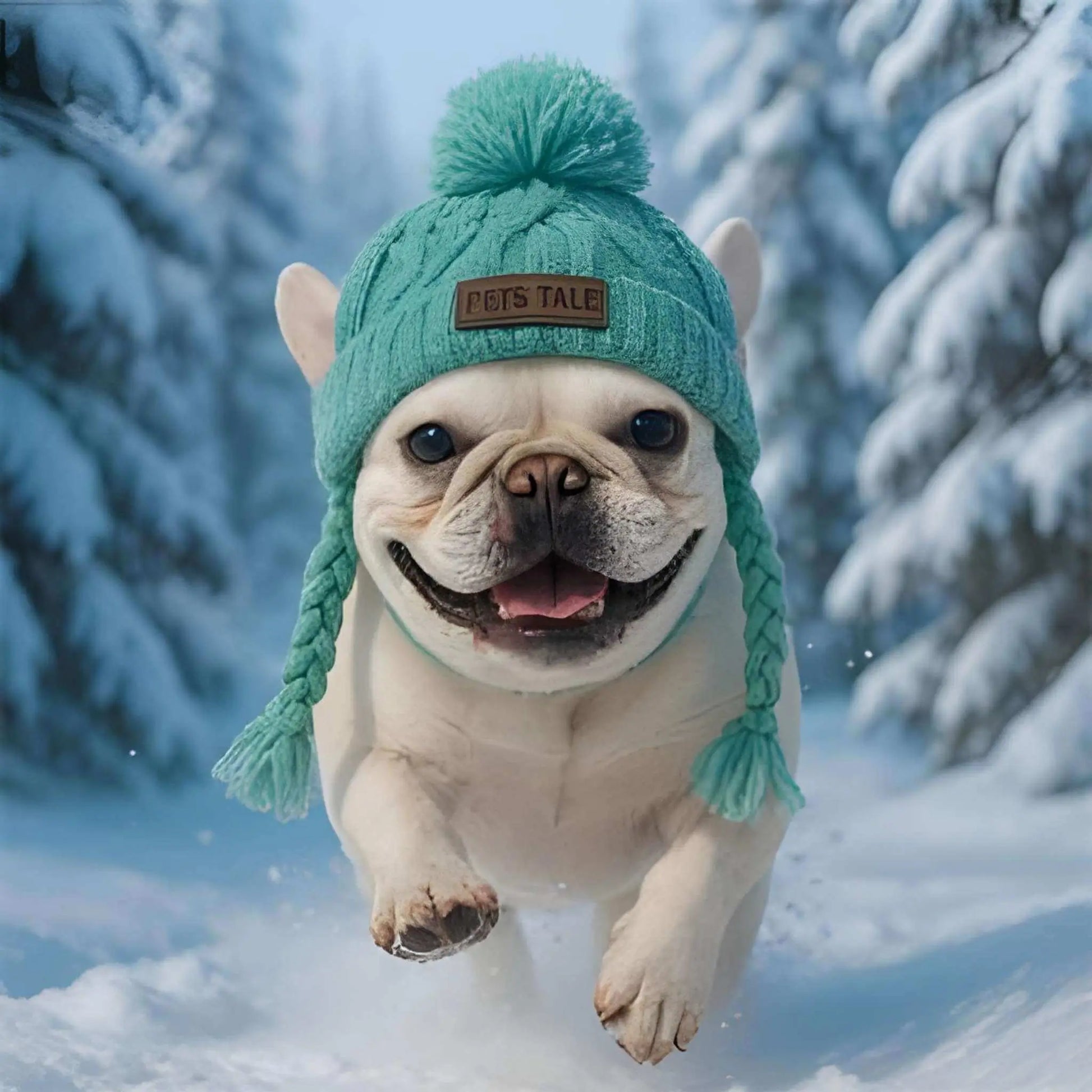 Un bouledogue français court dans la neige avec son bonnet pour chien turquoise.