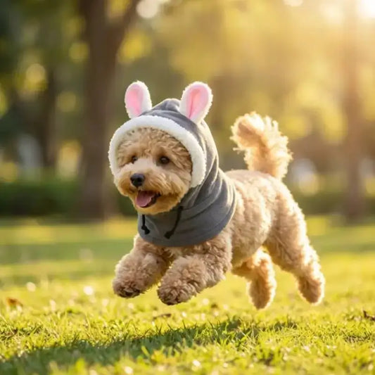 Un bichon frisé court sur une pelouse avec son bonnet pour chien qui couvre ses oreille.