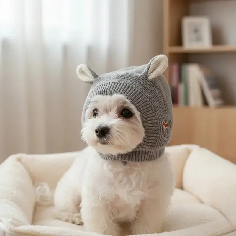 Un West Highland assis sur un coussin porte un bonnet pour chien gris.