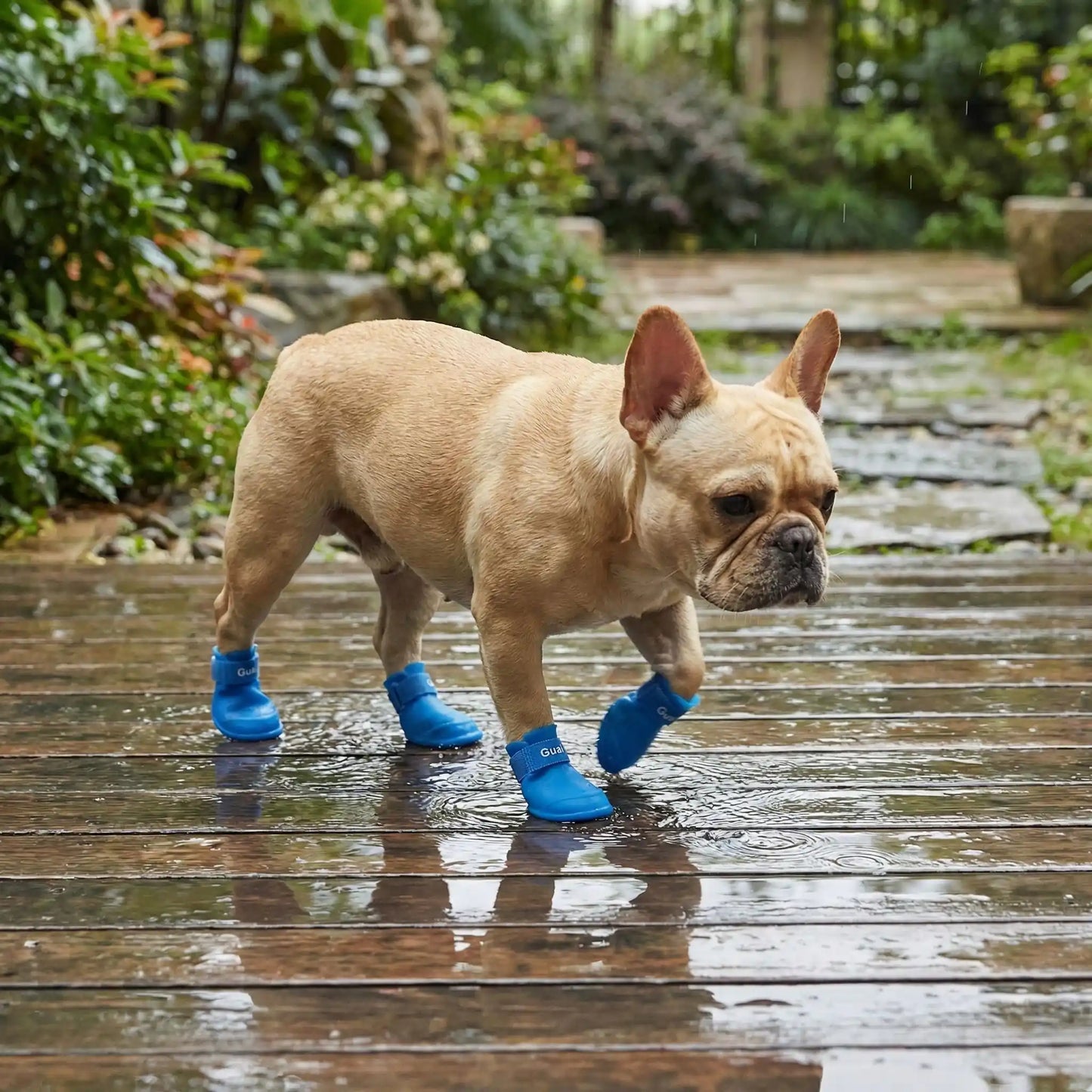 Un bouledogue français sur un balcon marche sous la pluie avec sa bottine pour chien bleue.
