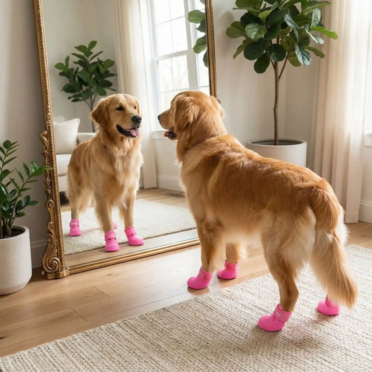 Un golden retriever se regarde dans un miroir avec sa bottine pour chien rose.