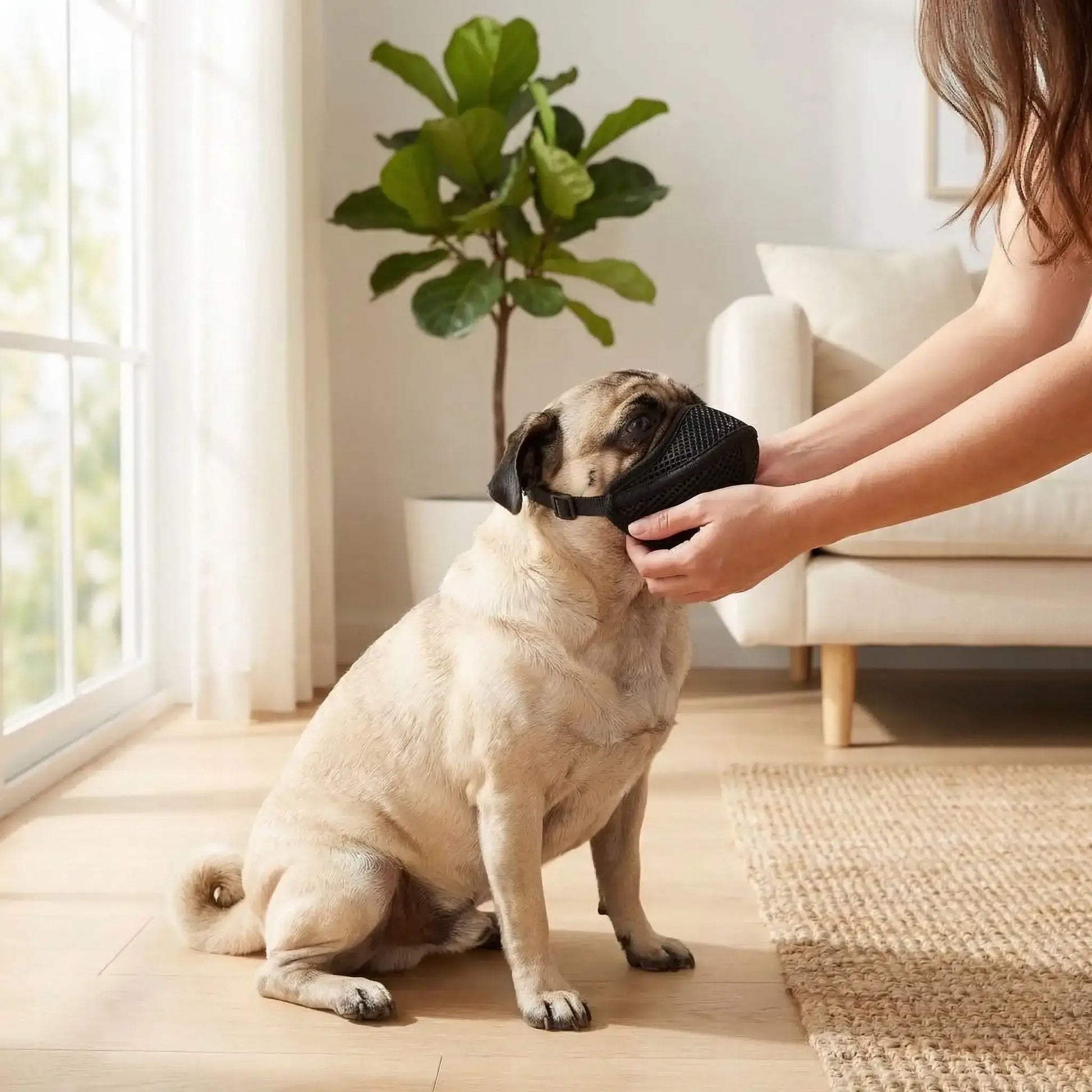 Une femme installe la muselière pour bouledogue français à un carlin dans un salon.