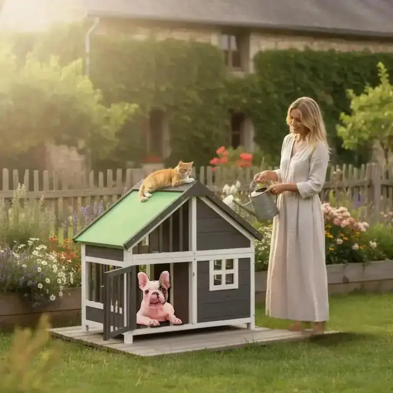 Une femme dans une arrière-cour avec son bouledogue français dans sa cabane pour chien.