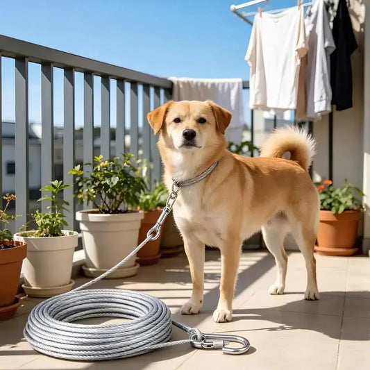 Un chinook sur un balcon en ville avec son câble pour chien.