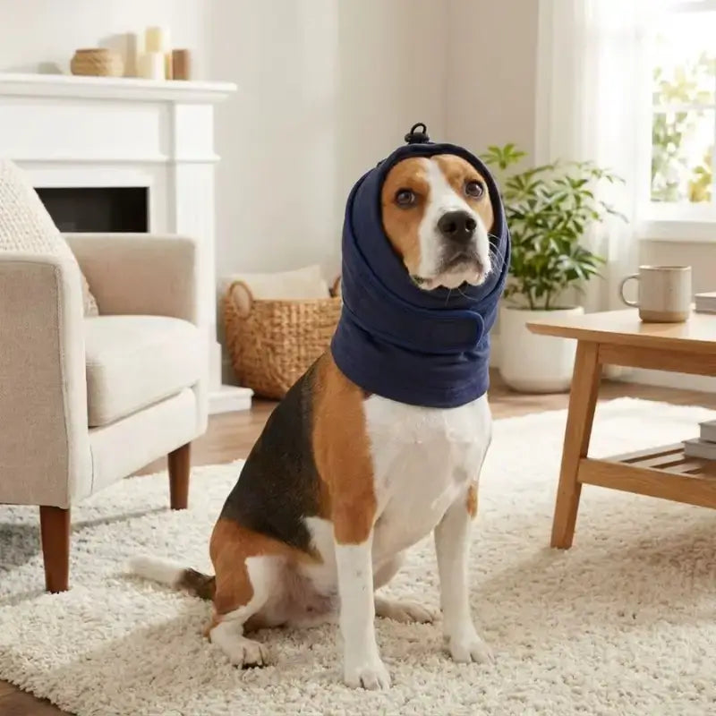 Un beagle assis dans un salon est vêtu du cache-oreilles pour chien bleu.