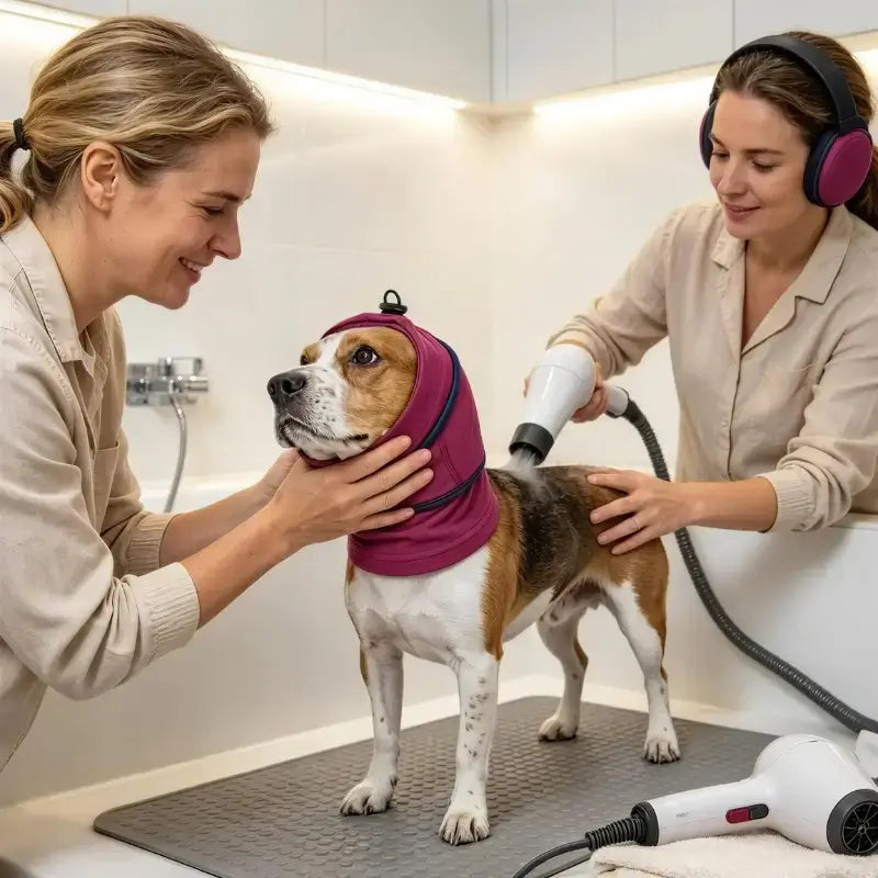 Un beagle se fait toiletter avec un cache-oreilles pour chien rouge.