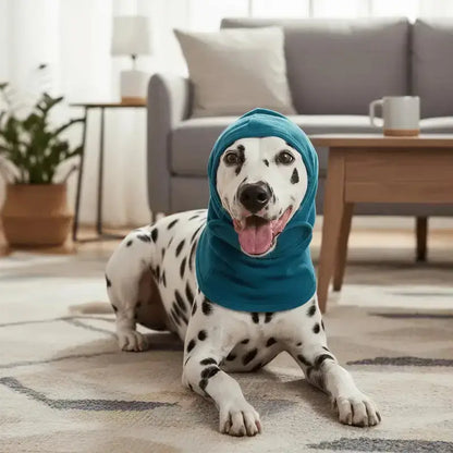 Un dalmatien allongé sur le tapis du salon est vêtu du cache-oreilles pour chien bleu.