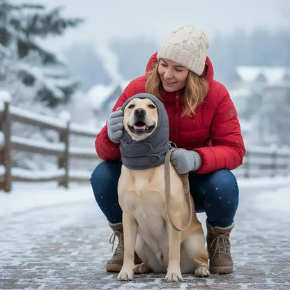 En hiver, une femme caresse son labrador qui porte un cache-oreilles pour chien.
