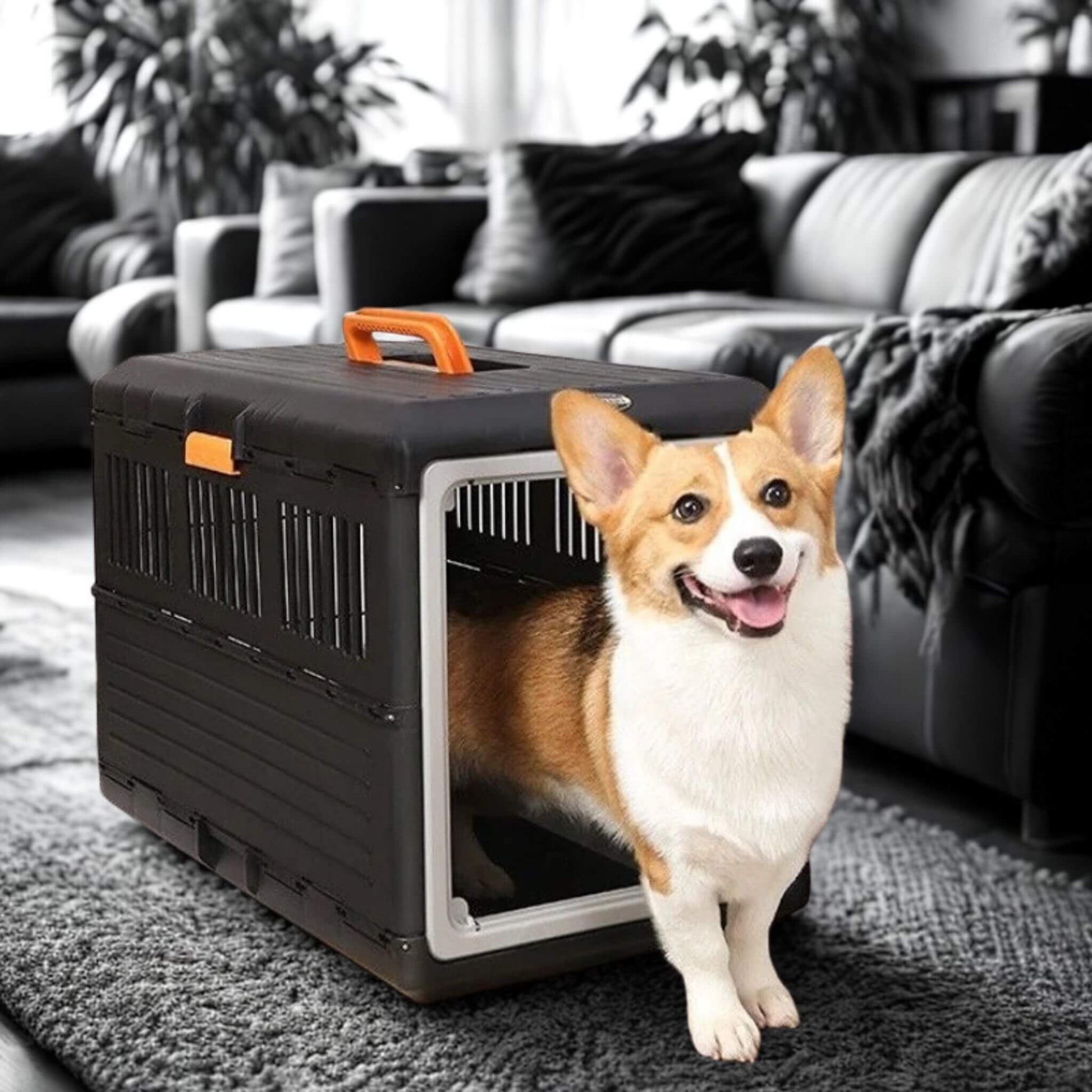 Chien corgi sortant d'une cage de transport pour chien noir dans un salon de maison
