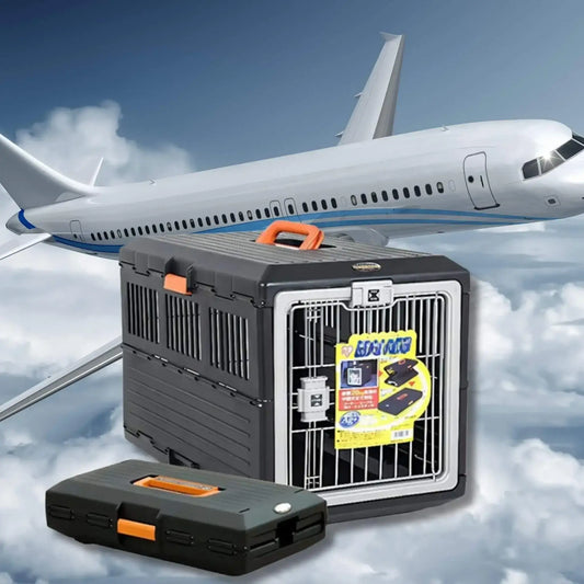 Une grande cage de transport pour chien noir dans le ciel avec un avion.