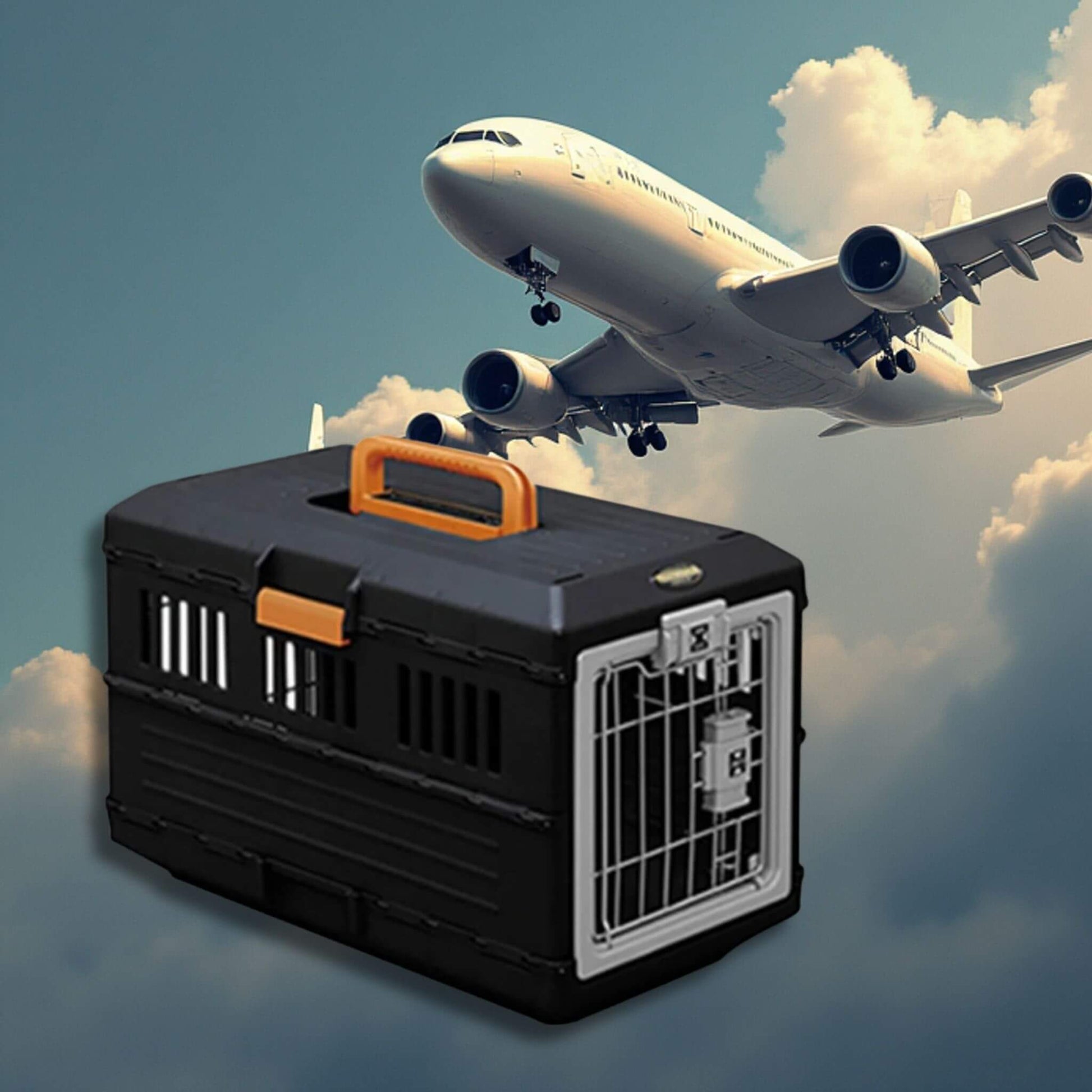 La petite cage de transport pour chien dans les nuages avec un avion
