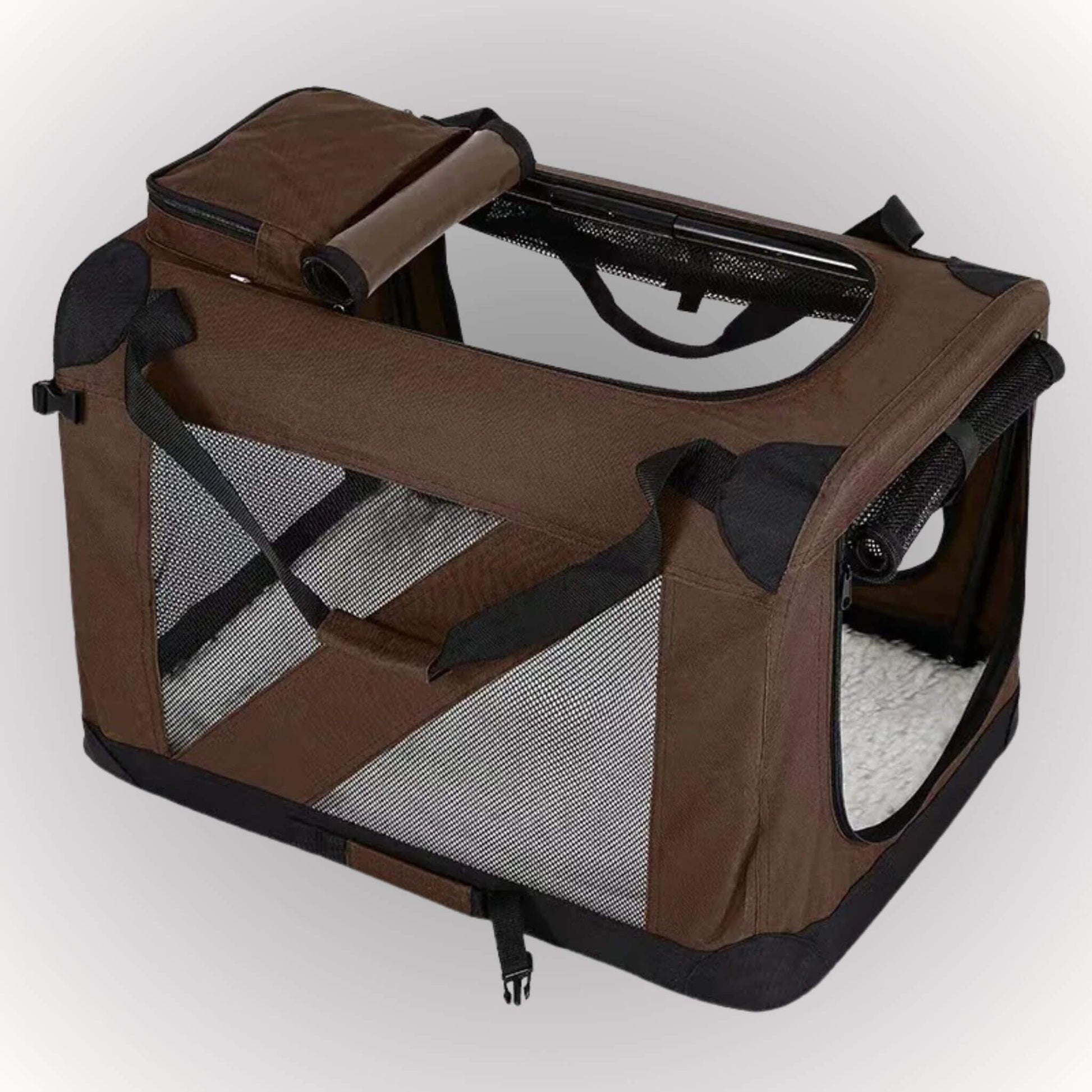 Une cage de transport pour chien brun avec quatre côtés en maille respirante