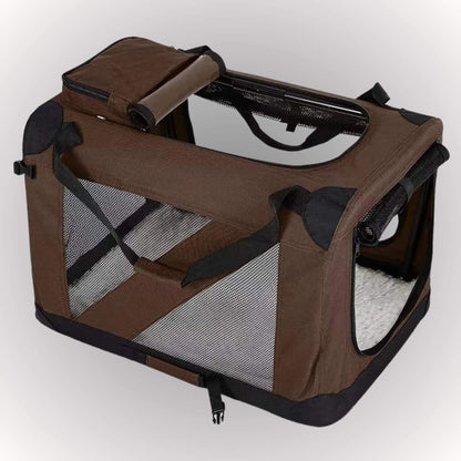 Une cage de transport pour chien brun avec quatre côtés en maille respirante