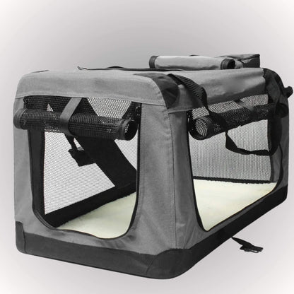 Une cage de transport pour chien grise avec quatre côtés en maille respirante