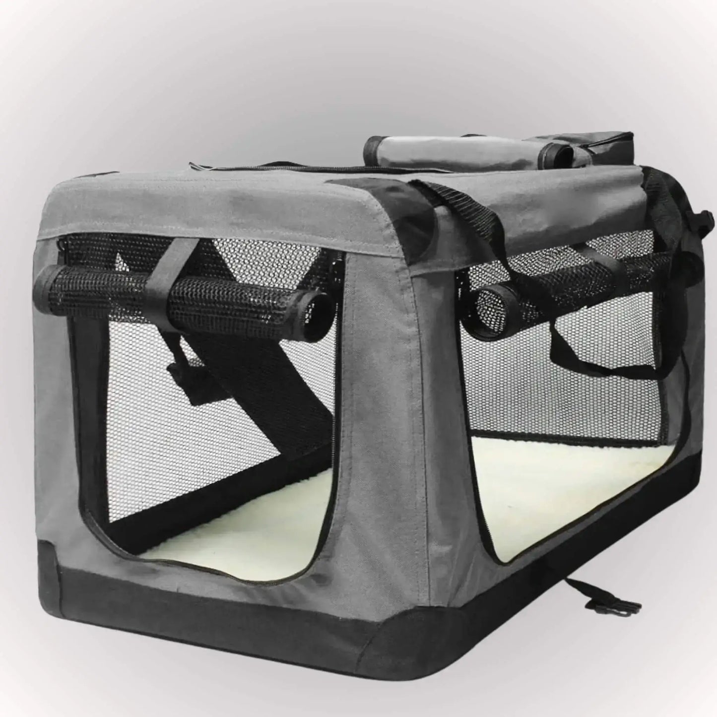 Une cage de transport pour chien de couleur gris.