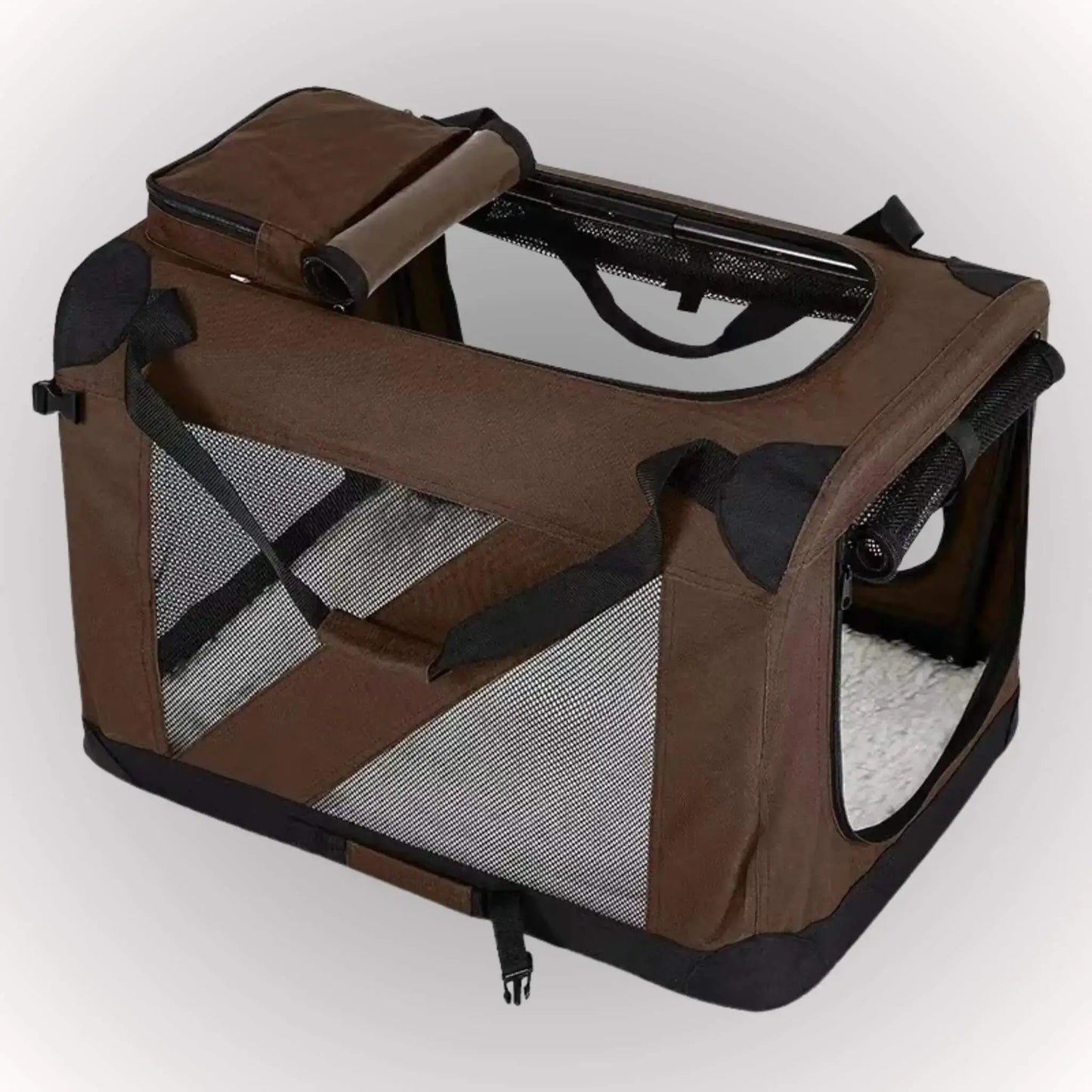 Une cage de transport pour chien de couleur marron.