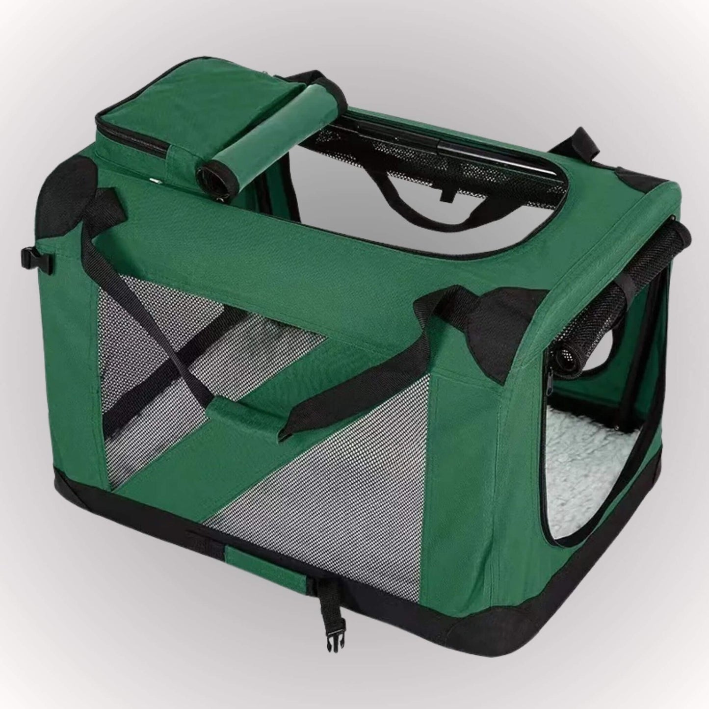 Une cage de transport pour chien vert avec quatre côtés en maille respirante