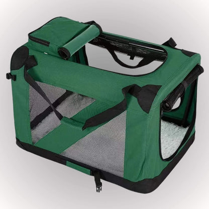 Une cage de transport pour chien vert avec quatre côtés en maille respirante