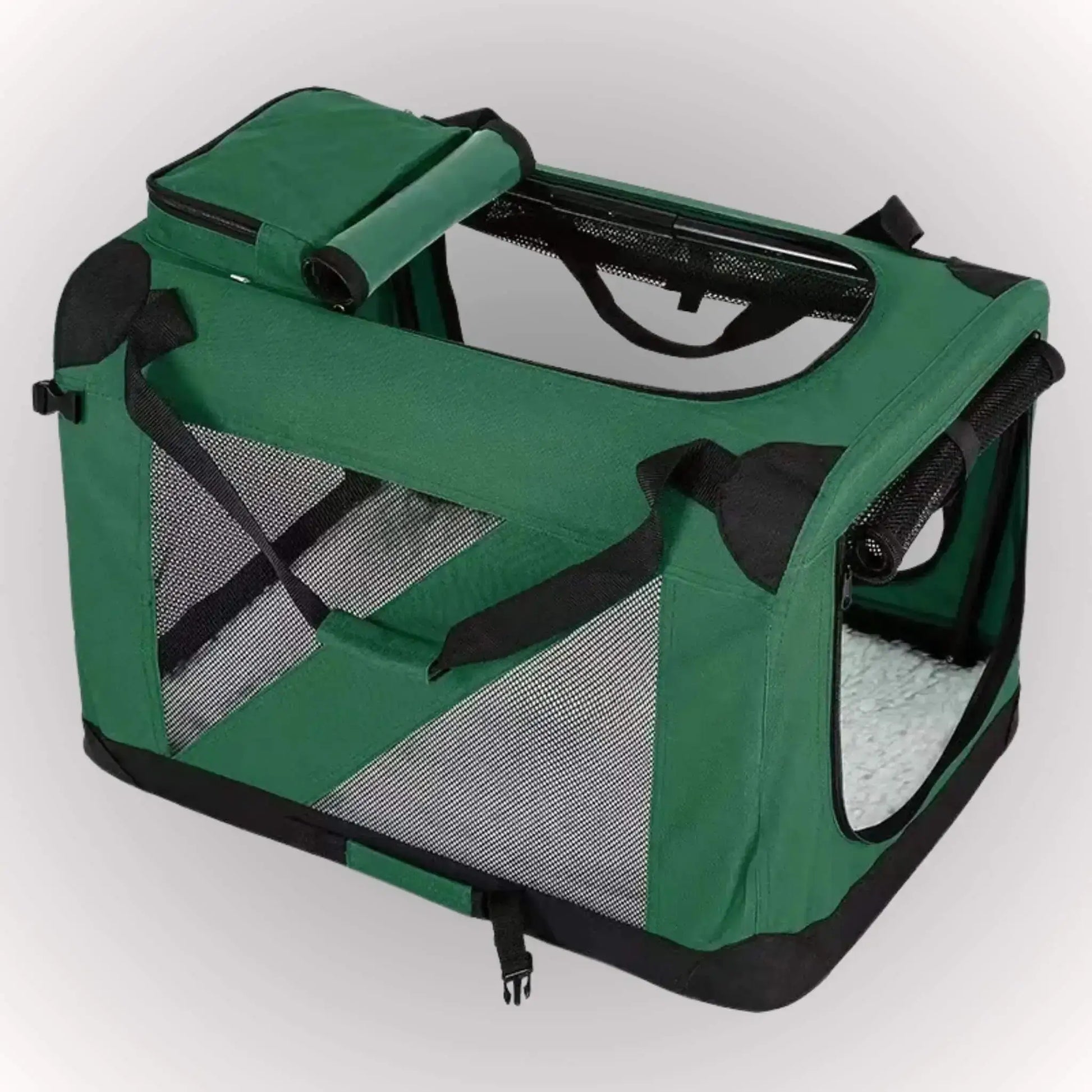Une cage de transport pour chien de couleur vert.