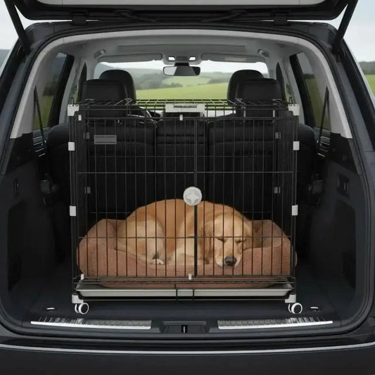 Un golden retriever allongé dans une cage pour chien de voiture dans le coffre d'une voiture.