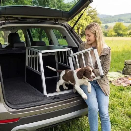 Une femme assise avec son cavalier King qui sort de la cage de transport pour chien de voiture installée dans le coffre.