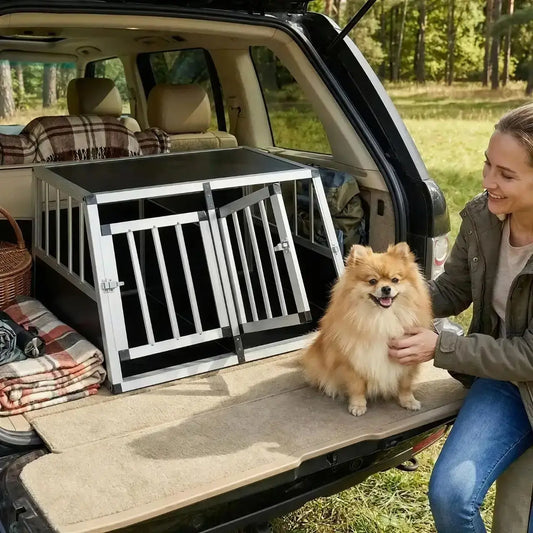 Une femme et son poméranien avec une cage de voiture pour chien dans le coffre.