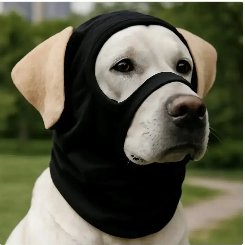 Un labrador vêtu d'une cagoule pour chien de couleur noire.