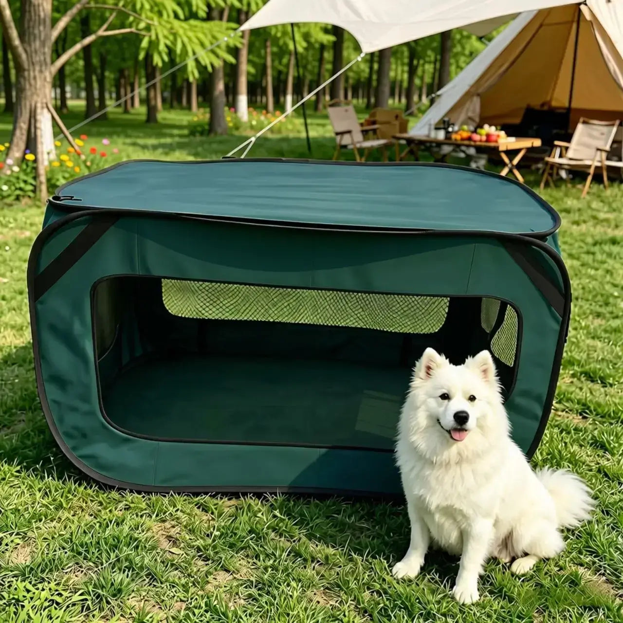 Un spitz japonais devant une caisse pour chien de voiture verte sur un terrain de camping.