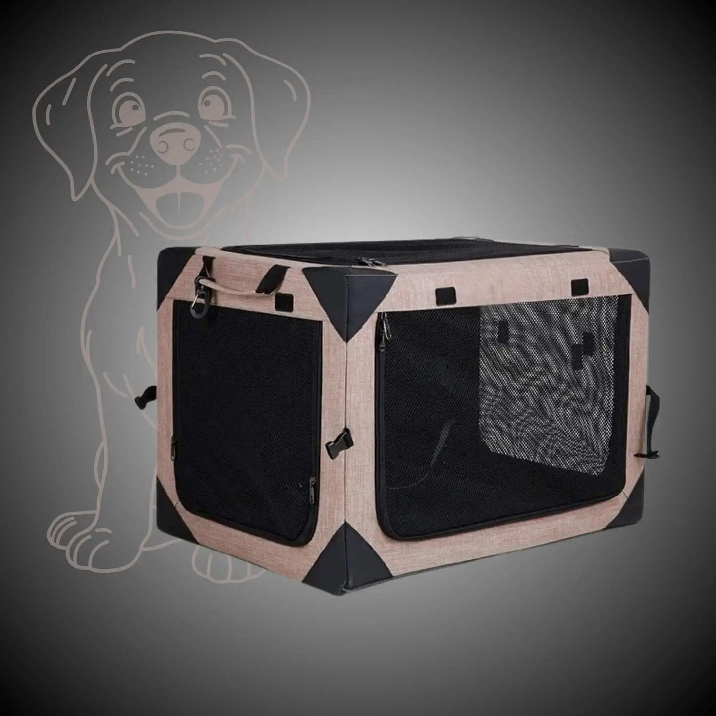 Une caisse de transport pour chien de couleur kaki avec filet en maille de trois côtés et coins solidifiés