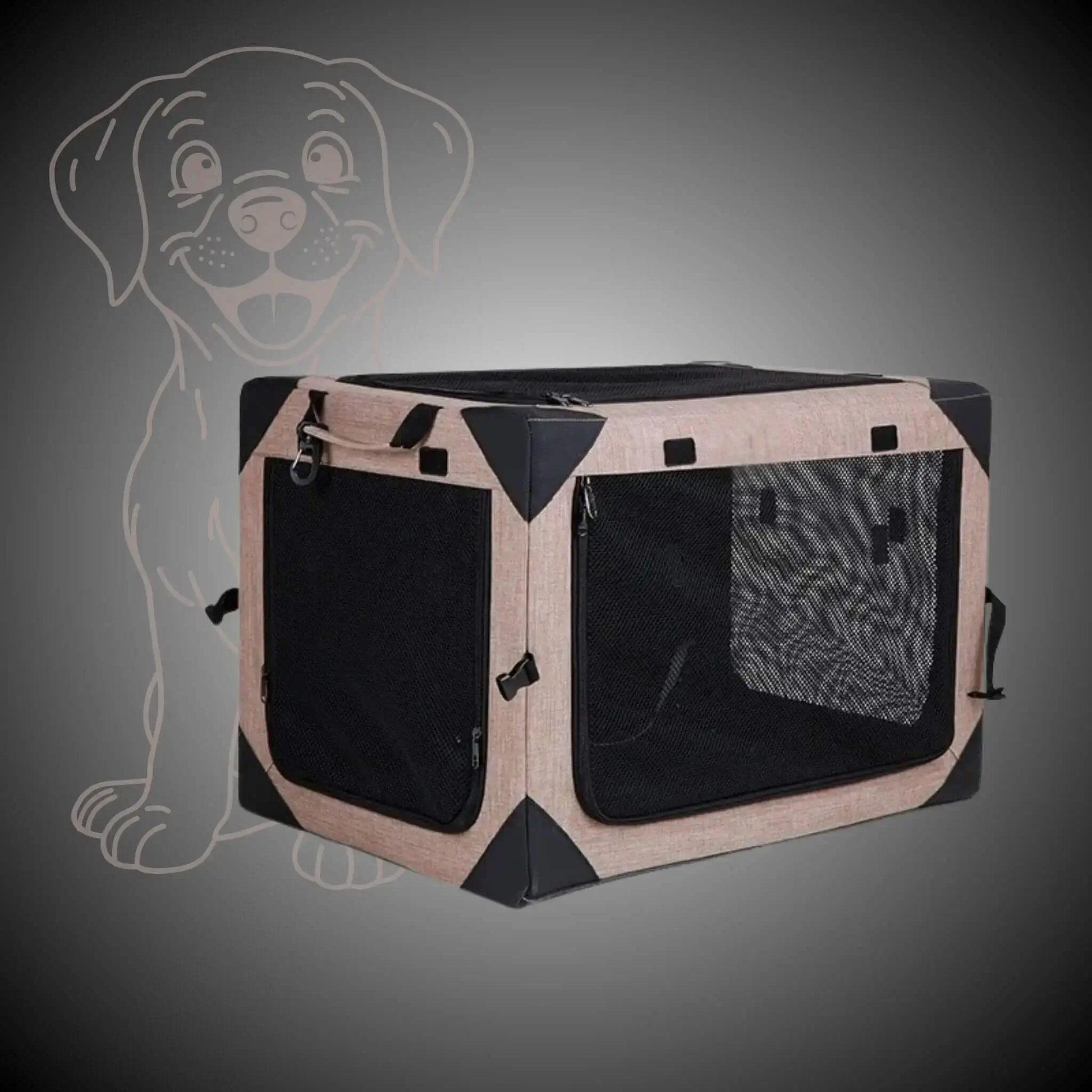 Une caisse de transport pour chien de couleur kaki avec filet en maille de trois côtés et coins solidifiés