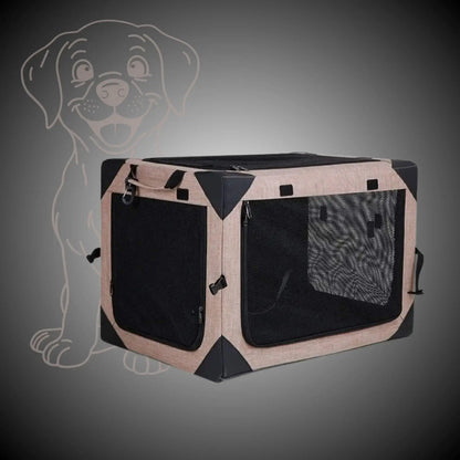 Une caisse de transport pour chien de couleur kaki avec filet en maille de trois côtés et coins solidifiés