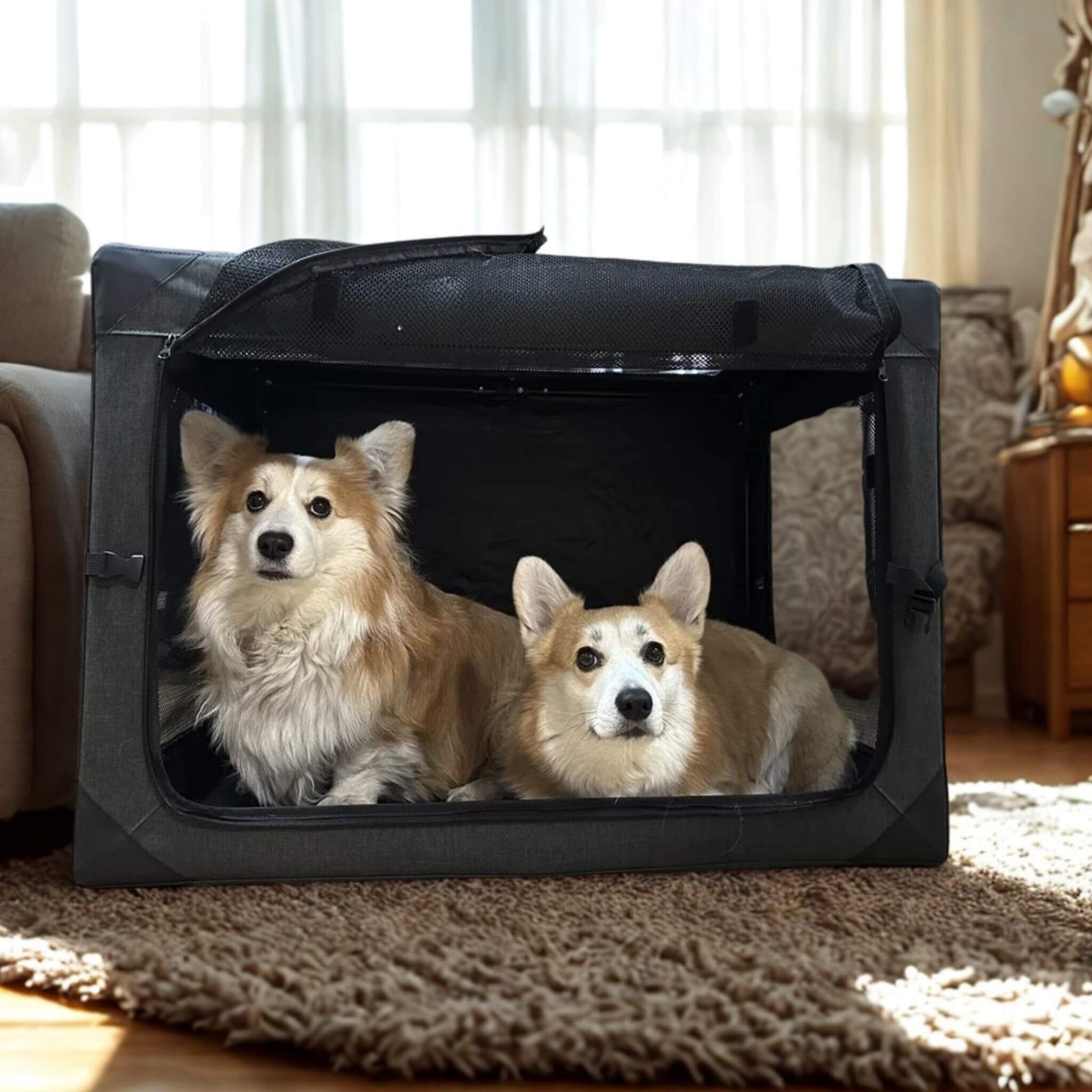 Deux chiens corgi dans une caisse de transport pour chien noir sur un tapis dans un salon de maison.