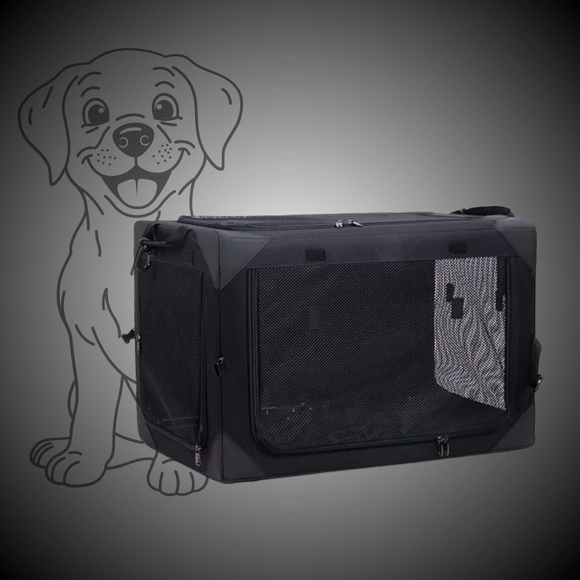 Caisse de transport pour chien de couleur noire, filet en maille de trois côtés avec dessin d'un chien