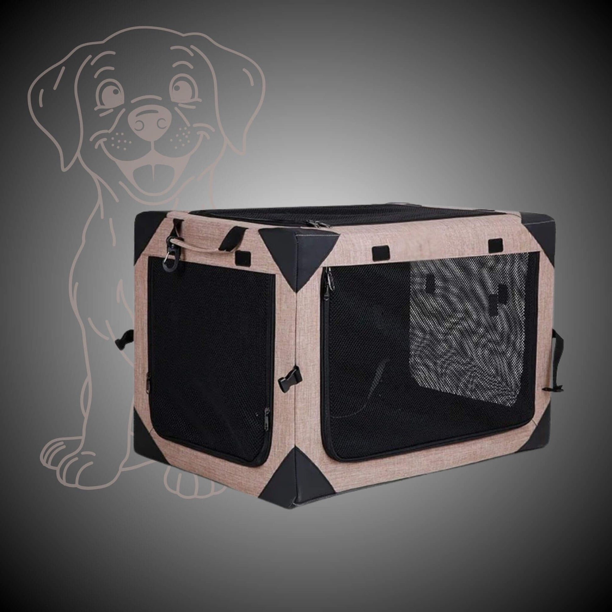 Une caisse de transport pour chien de couleur kaki avec filet en maille de trois côtés et coins solidifiés