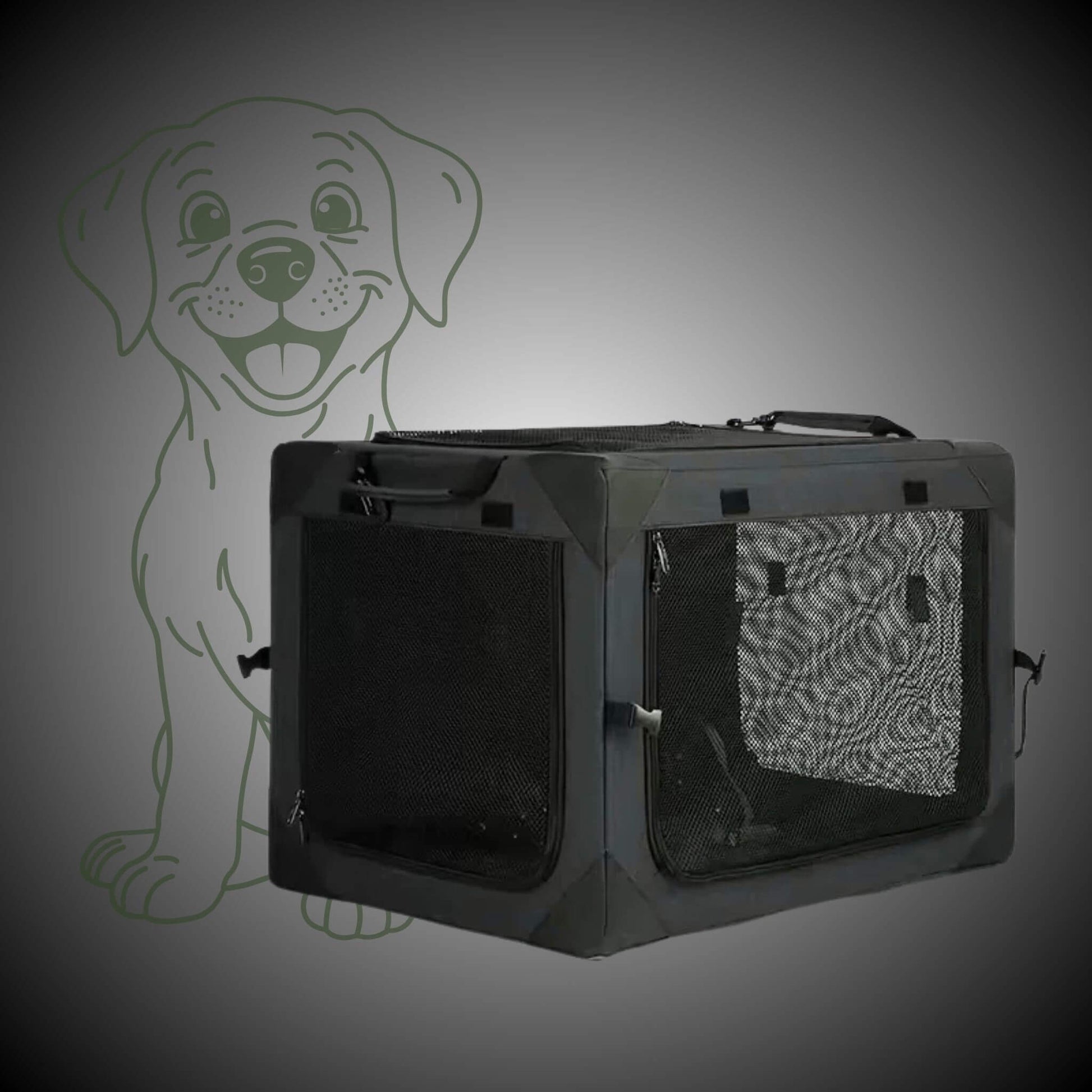 Caisse de transport chien de couleur noire, filet en maille de trois côtés et coins solidifiés. Dessin de chien en arrière