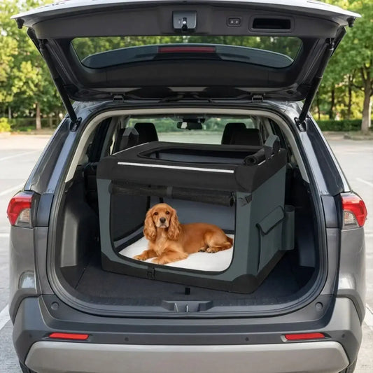 Un cavalier king charle dans la caisse de voiture pour chien dans un coffre de voiture.