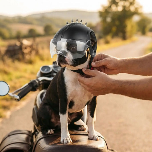 Un homme met un casque pour chien de moto à un Boston terrier assis sur une moto.