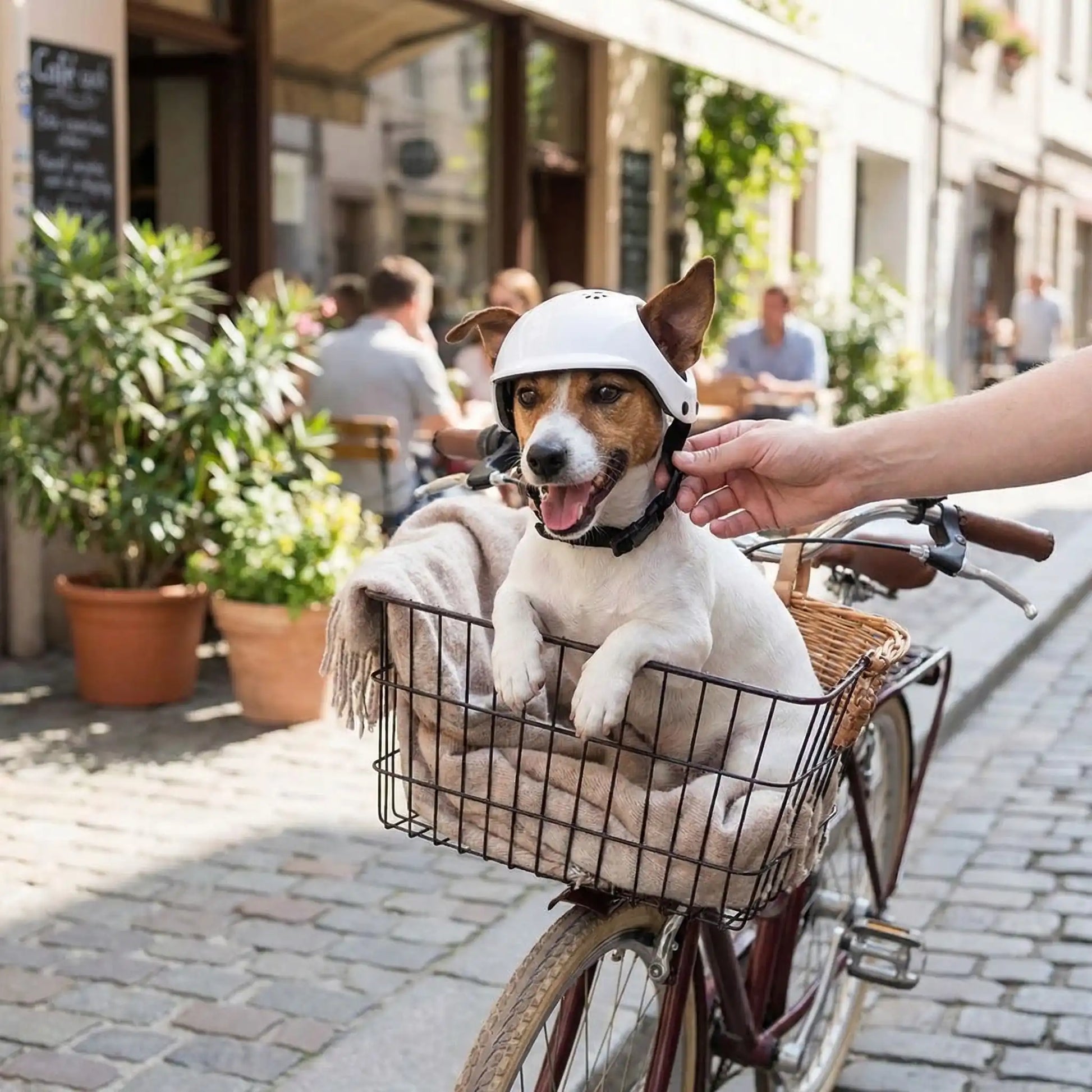 Un Jack Russell dans un panier de vélo en ville porte un casque de moto pour chien gris.